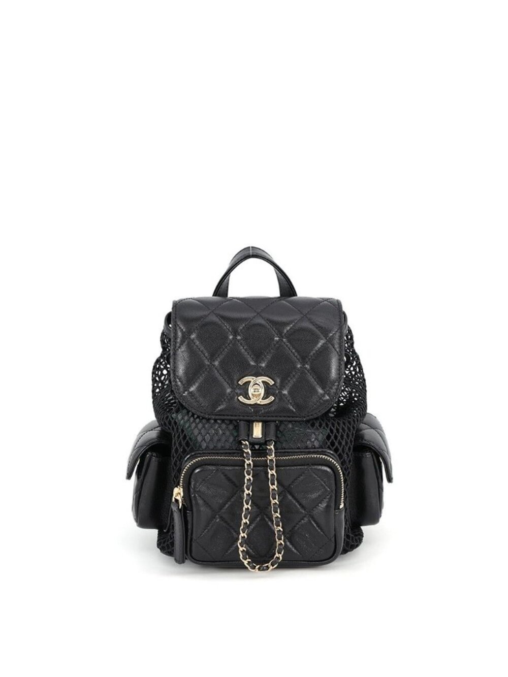 Chanel Backpack Quilted CC Logo Shiny Lambskin Mesh Black